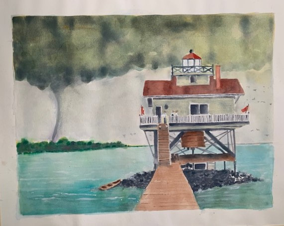 "Waterspout at Cat Island Lighthouse - Mississippi Sound", $1200, 22 x 28, Watercolor